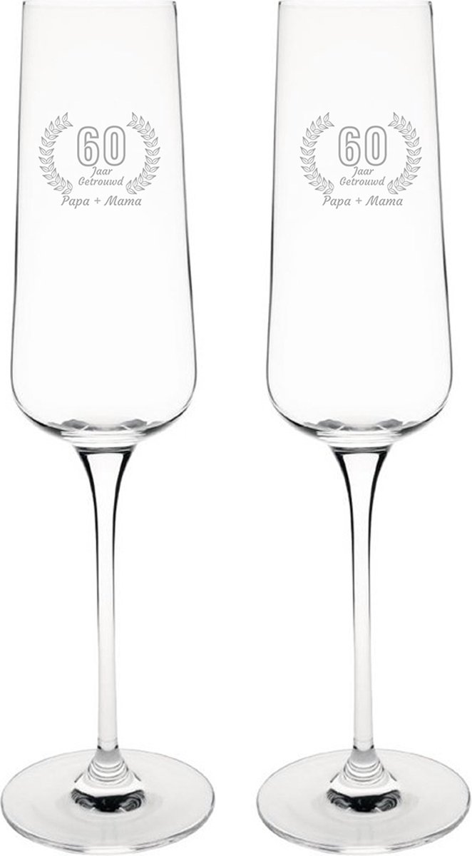 Gegraveerde set champagneglazen 27cl Papa + Mama 60 jaar getrouwd