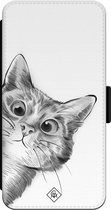 Casimoda® bookcase - Geschikt voor iPhone 14 Pro Max - Hoesje met pasjeshouder - Kat Kiekeboe - Wit - Kunstleer