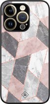Casimoda® hoesje - Geschikt voor iPhone 14 Pro Max - Stone grid marmer / Abstract marble - Luxe Hard Case Zwart - Backcover telefoonhoesje - Roze
