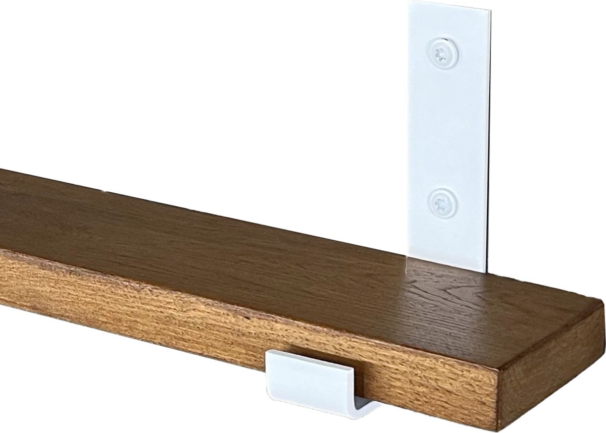 GoudmetHout Wandplank Industrieel - 100 x 10 cm Muurplank - Donker Eiken Hout - Decoratie Wandrek & Boekenrek - Hangplank Keuken - Wall Shelf + 2 Mat Witte Plankdragers van Staal Donker eiken - Mat wit - 10 cm