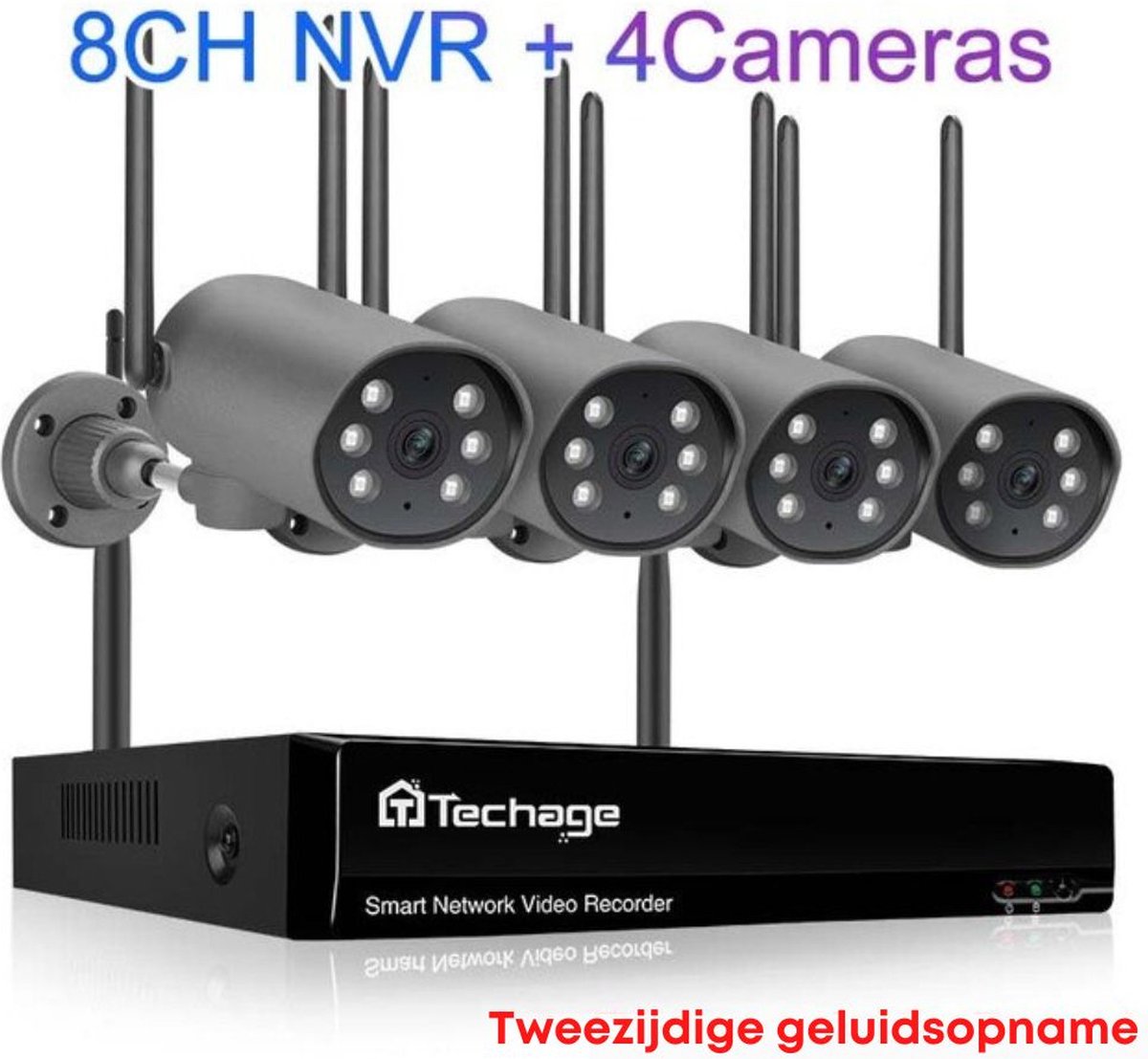 Techage H.265 8CH 3MP Draadloze Camera Systeem - CCTV - Beveiligingscamera set met 4 Cameras - Home Security Camera Systeem - Wifi Camera Set - Beveiligingscamera - 4 Camera’s - Nachtzicht - Motion Detector