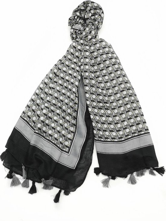 Écharpe longue femme Aretha motif fantaisie noir anthracite gris beige