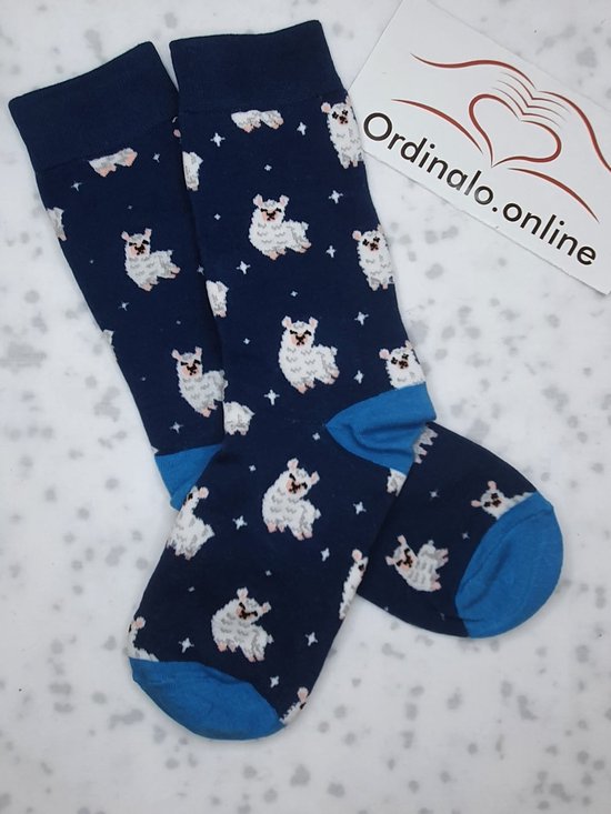 Alpaca-Blauw-Schattig-Lief-Sterren-Cadeau-One Size-Unisex-Sokken-Socks