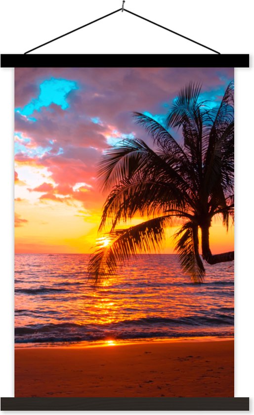 Posterhanger incl. Poster 60x90 cm - Schoolplaat - Palm - Zonsondergang - Strand - Zee - Horizon - Textielposter - Zwarte latten
