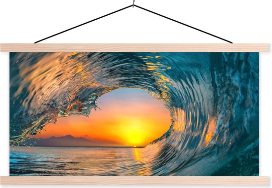 Posterhanger incl. Poster 150x75 cm - Schoolplaat - Zonsondergang - Water - Golf - Oranje - Textielposter - Blanke latten
