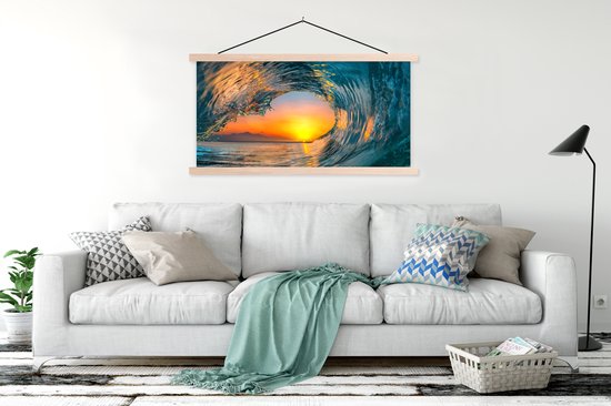 Posterhanger incl. Poster 150x75 cm - Schoolplaat - Zonsondergang - Water - Golf - Oranje - Textielposter - Blanke latten