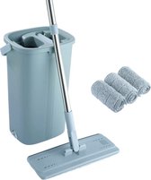 EasyGleam Blue Mop en Bucket Set. Microvezel platte mop met roestvrijstalen handvat, innovatieve Twin Chamber emmer voor nat en droog gebruik. 4 herbruikbare pads meegeleverd, geschikt voor alle vloertypen