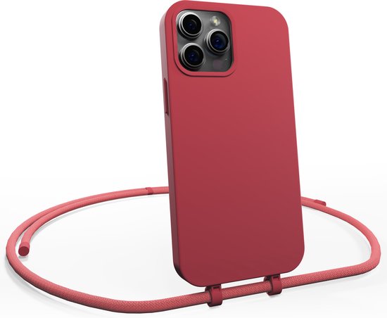 Coverzs Coque en silicone avec cordon - Coque pour téléphone avec cordon - Coque arrière avec cordon - cordon - convient pour Apple iPhone 14 Pro Max - rouge