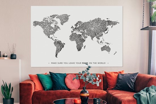 Wereldkaart en toile - Citation - Empreinte digitale - 180x120 cm - Décoration murale