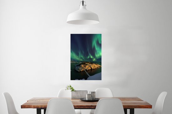 Aurores boréales vertes au-dessus d'une maison 60x90 cm