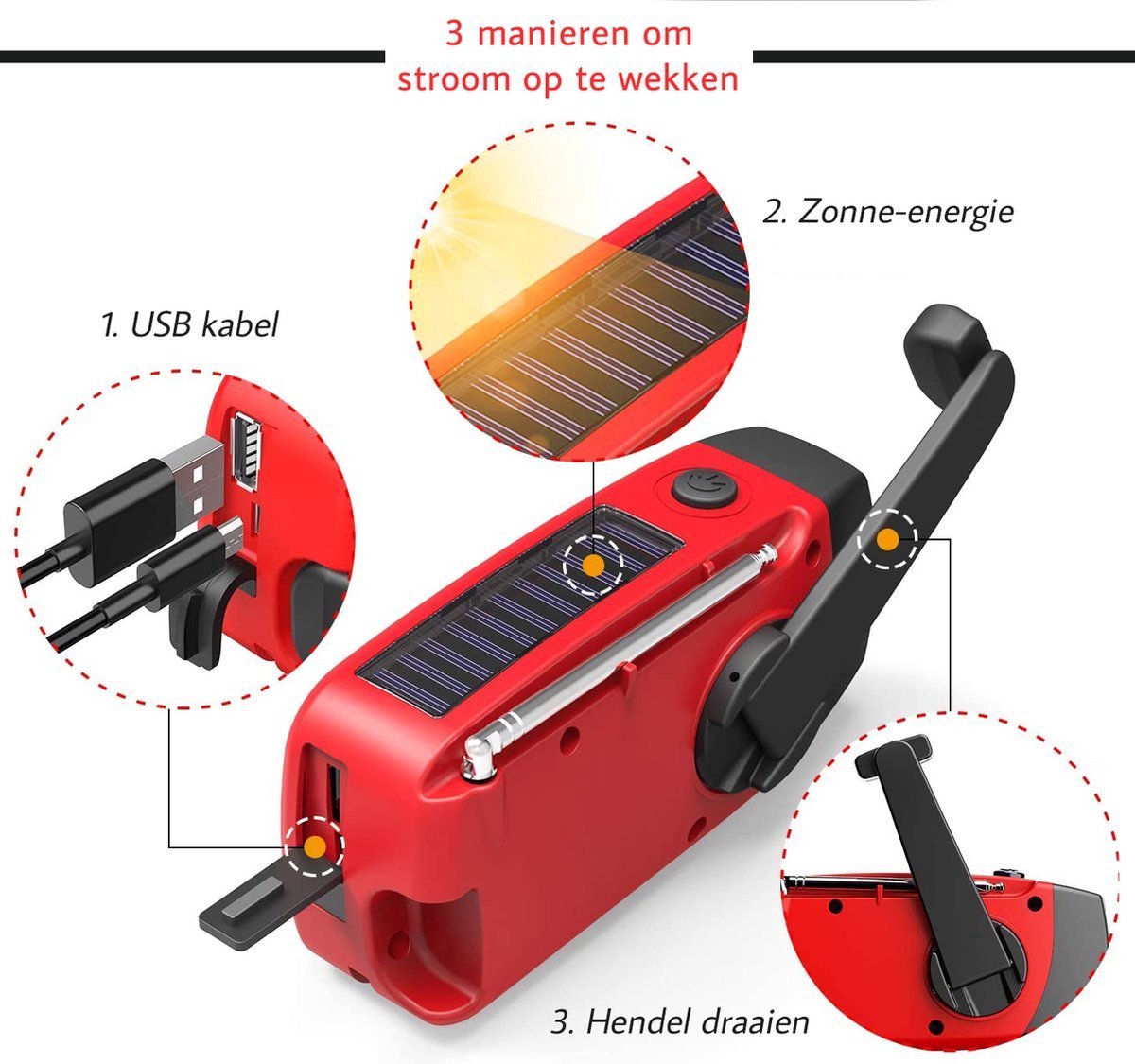 PureFinish Draagbare noodradio Powerbank 2000 mAh Zaklamp Solar opwindbaar