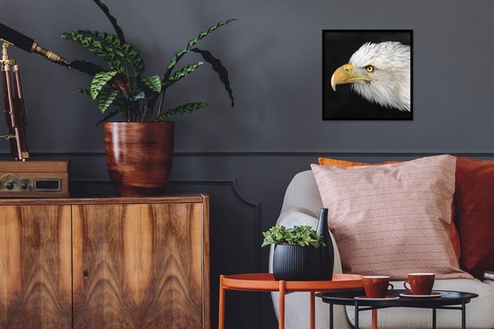Photo en cadre - Gros plan d'un aigle sur fond noir Cadre photo noir sans passe-partout 40x40 cm - Affiche sous cadre (Décoration murale salon / chambre)