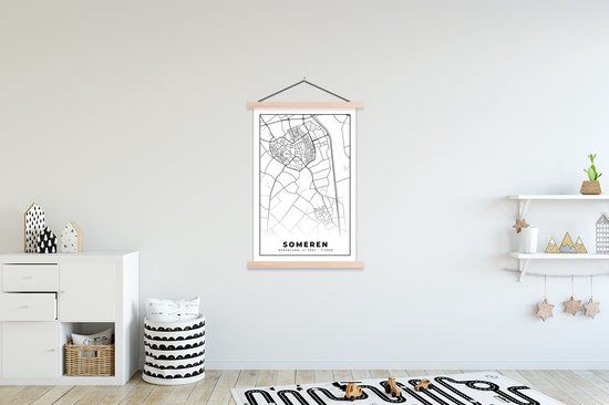 Porte-affiche avec affiche - Affiche scolaire - Someren - Plan de la ville - Zwart Wit - Carte - Carte - Pays- Nederland - 120x180 cm - Lattes blanches