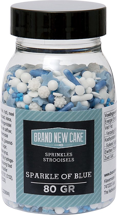 Flesje 'Sparkle of Blue' strooisels van Brand New Cake, met blauwe, witte en lichtblauwe spikkels, sterretjes en bolletjes.