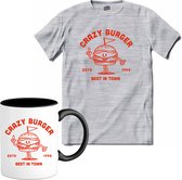 Crazy Burger | Hamburger - Fast Food - T-Shirt met mok - Unisex - Donker Grijs - Gemêleerd - Maat M