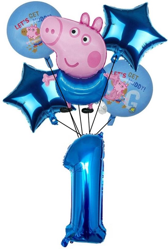 Peppa pig George ballonnen set 1 jaar - verjaardag ballonnen - 6 delig