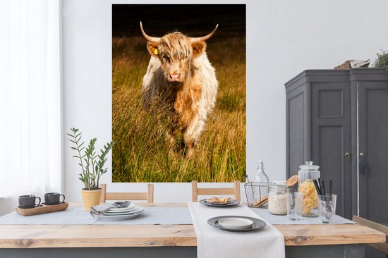 Une blonde highlander écossais dans les hautes herbes Poster 120x160 cm - Tirage photo sur Poster (décoration murale salon / chambre) / Poster Animaux sauvages XXL / Groot format!