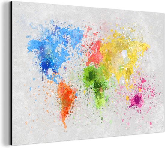 Wereldkaart kleur inkt aluminium | Wereldkaart Wanddecoratie Aluminium