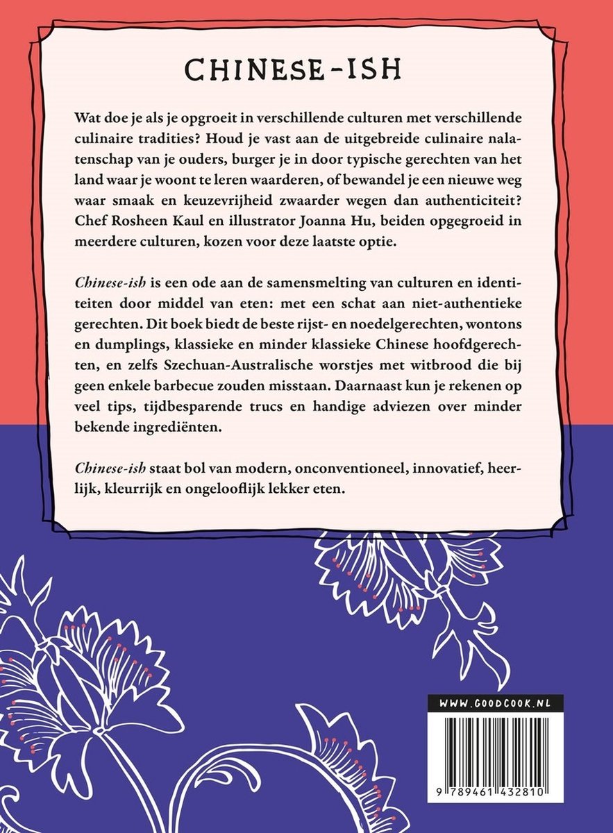 Achterkant van het boek CHINESE-ISH met tekst en een witte sierlijke bloemendecoratie op een rode en blauwe achtergrond.
