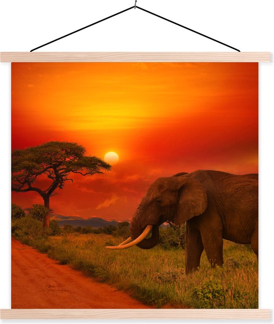 Posterhanger incl. Poster 120x120 cm - Schoolplaat - Olifant - Zonsondergang - Oranje - Savanne - Dieren - Textielposter - Blanke latten