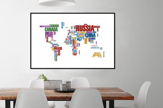 Affiche avec cadre Cartes du monde du Wereldkaart - Lettres - Couleurs - Cadre photo noir - 120x80 cm - Affiche avec cadre