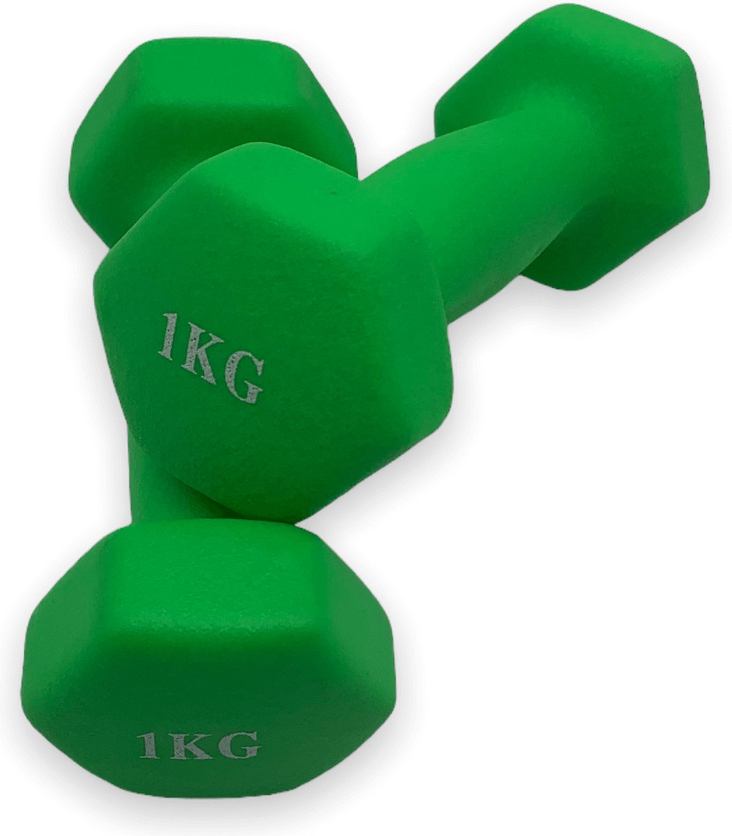 dumbells - Neopreen set 1 en 2 kg - dumbellset - fitness gewicht - halterset - groen en blauw - 2 x 1 en 2 x 2 kg