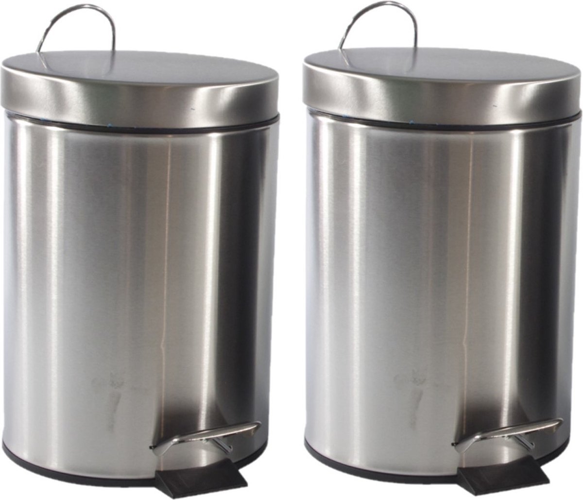 Goedkoopste 2x stuks pedaalemmers/prullenbakjes 3 liter RVS D21 x H30 cm zilver - Afvalbakken - Pedaalemmers