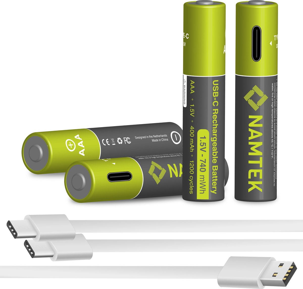 Namtek Oplaadbare batterijen AAA 1.5V 740 mWh met USB Type-C Kabel opladen - Lithium USB batterijen - Duurzame Keuze - 4 stuks