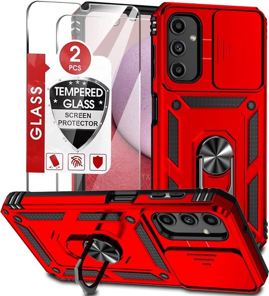 Coque Samsung Galaxy A14 Rouge avec Ring Holder et protection appareil photo - Protecteur d'écran Galaxy A14 - 2 pièces