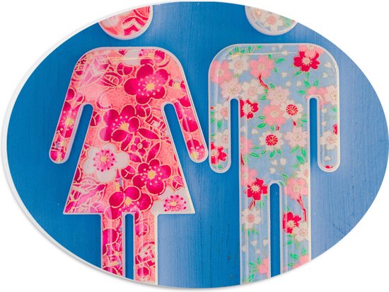 PVC Schuimplaat Ovaal - Mannen en Vrouwen Symbool Versierd met Bloemen - 28x21 cm Foto op Ovaal (Met Ophangsysteem)