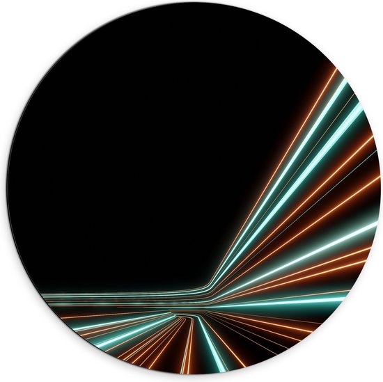 Dibond Muurcirkel - Groene en Oranje Kleurige Neon Strepen op Zwartkleurige Achtergrond - 70x70 cm Foto op Aluminium Muurcirkel (met ophangsysteem)