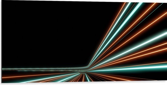 Dibond - Groene en Oranje Kleurige Neon Strepen op Zwartkleurige Achtergrond - 100x50 cm Foto op Aluminium (Wanddecoratie van metaal)