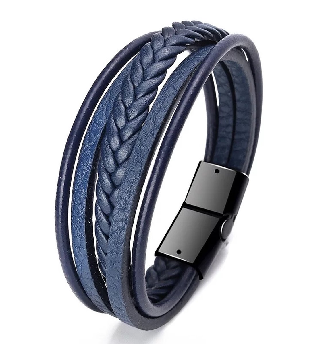 EmmyRovi - Trendy Leren Heren Armband - Blauw - Zwart - 21 cm - Vaderdag Cadeau