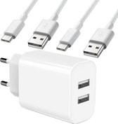 Adaptateur USB avec 2x câble USB-C - 1 mètre - Wit - Chargeur et câble de charge pour Samsung S21, Tab S7, Tab A8, Tab S6 Lite, A52, A53, A51, A13, S22, S21, S10 - Forfait combiné
