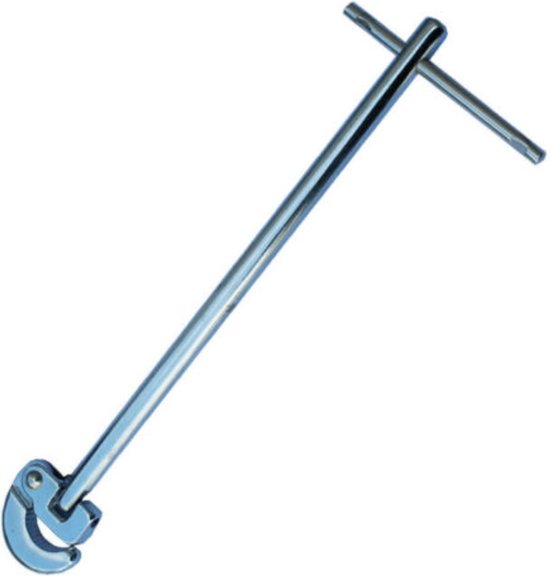 Glanzende metalen kraanmoersleutel met een T-vormige handgreep en een gebogen, verstelbare bek.