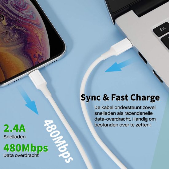 USB C Snellader + USB C Kabel - 2 Meter - Geschikt voor Apple Lightning iPhone en iPad - Type C-Oplader Adapter voor 14/14 Plus/14 Pro/14 Pro Max/13/12/11/SE/Pro - CoverMore