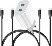 Snellader Adapter + 2x Nylon USB C Kabel 2 Meter - Geschikt voor Apple iPad, iPhone - USB C Lader - 2 Poorten USB-C
