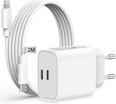 35W USB-C Stekker + 2 Meter Kabel Geschikt voor Apple iPhone - Snellader met 2 USB C Poorten - Oplader Adapter