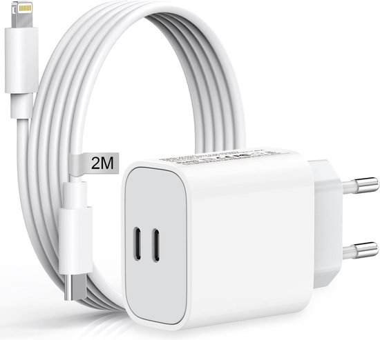 35W USB-C Stekker + 2 Meter Kabel Geschikt voor Apple iPhone - Snellader met 2 USB C Poorten - Oplader Adapter
