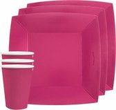 Santex feest/verjaardag servies set - 10x bordjes en bekertjes - fuchsia roze - karton
