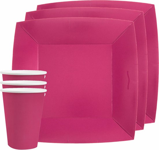 Set vaisselle fête/anniversaire Santex - 10x assiettes et gobelets - rose fuchsia - karton