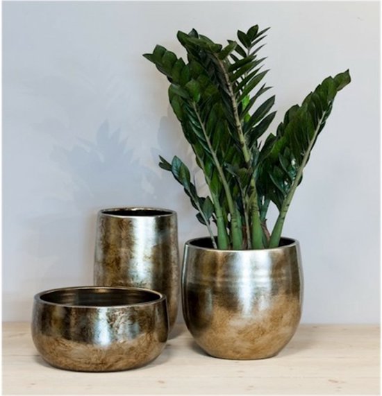 Bloempot/plantenpot van keramiek in het industrieel goud D16 en H14 cm - Binnen
