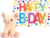 Keel Toys - Knuffel varken 12 cm - met A5-size Happy Birthday verjaardag cadeau sturen wenskaart
