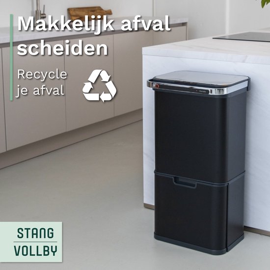 StangVollby Halden Prullenbak Afvalscheiding 50 Liter - Zwarte Sensor Prullenbak 4 vakken - 4 x 12.5L - Recycle Afvalbak - Vuilnisbak huishouden en kantoor - Vuilbak keuken Afvalemmer met filter - Afvalscheidingsprullenbakken - Soft Close Deksel