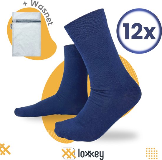 Loxxey® - Katoen - 12 Paar - Heren & Dames - Naadloos - Maat 39-42 - Royalblauw + Wasnet 33x22cm
