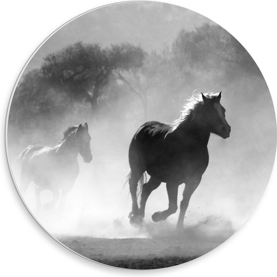 WallClassics - PVC Schuimplaat Muurcirkel - Galoperende Paarden bij het Bos (Zwart-wit) - 30x30 cm Foto op Muurcirkel (met ophangsysteem)