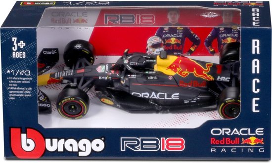 RB18 Formule 1 auto in doos, met Red Bull logo's en Max Verstappen afbeelding.