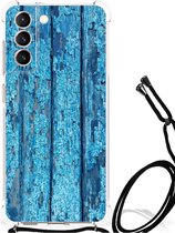 Shockproof Case Geschikt voor Samsung Galaxy S21 FE Telefoonhoesje met doorzichtige rand Wood Blue