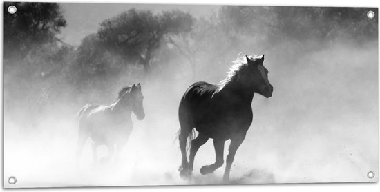 WallClassics - Tuinposter – Galoperende Paarden bij het Bos (Zwart-wit) - 100x50 cm Foto op Tuinposter (wanddecoratie voor buiten en binnen)