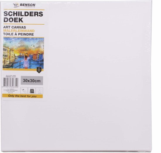 Benson schildersdoek 30x30cm, met een label met een aquarel van Venetië. Verpakt in plastic.
